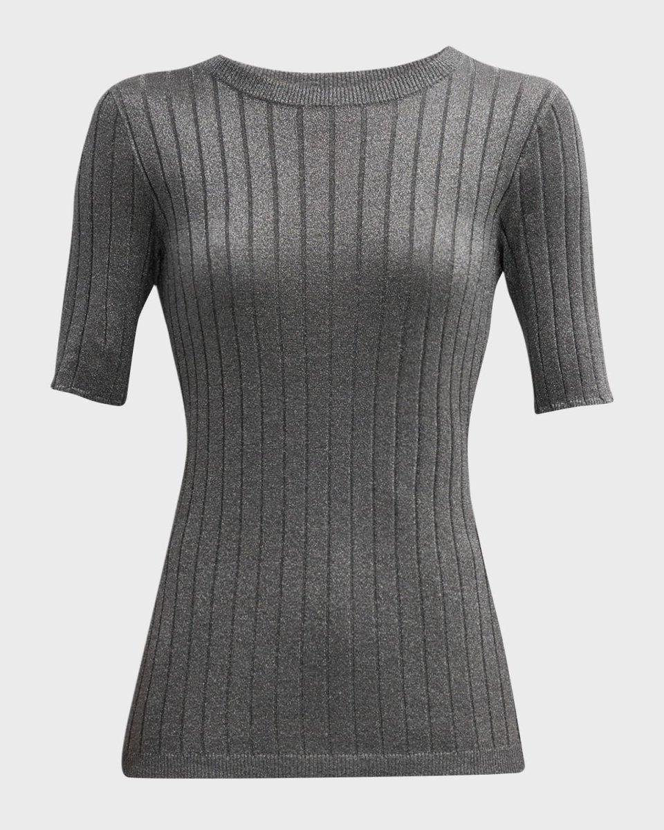 Metallic Silk Wide Ribbed Elbow-Sleeve Crewneck Top